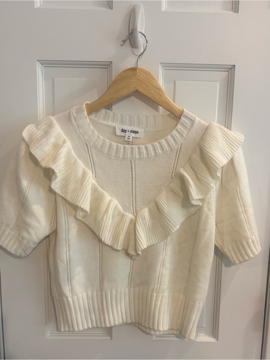 day + moon Sweaters - day + moon Cream Ruffle-Trim Scoop Neck Sweater